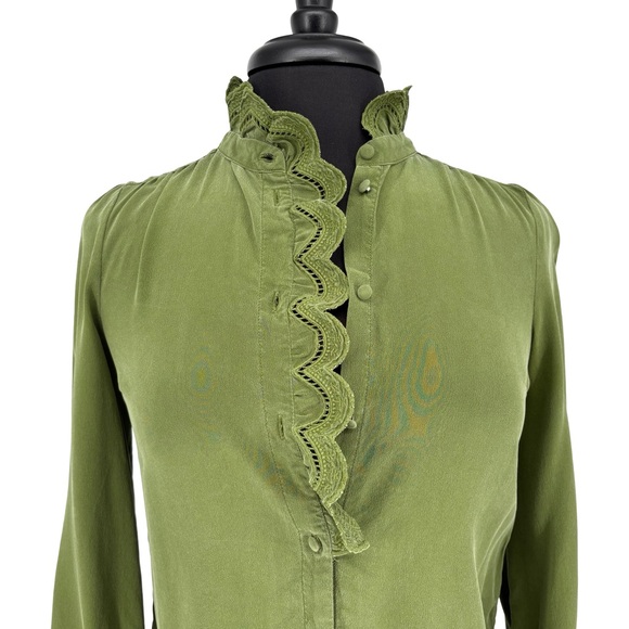 Sézane Chlo Embroidered 100% Silk Long Sleeve Blouse | Sz FR 32 (US 0) | Olive - Picture 6 of 16